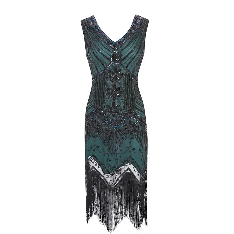 Mandylandy Women Vintage Dress Retro 1920s Great Gatsby Dress Sequin Flapper Sleeveless Dancing Party Prom Tassel Hem Dress