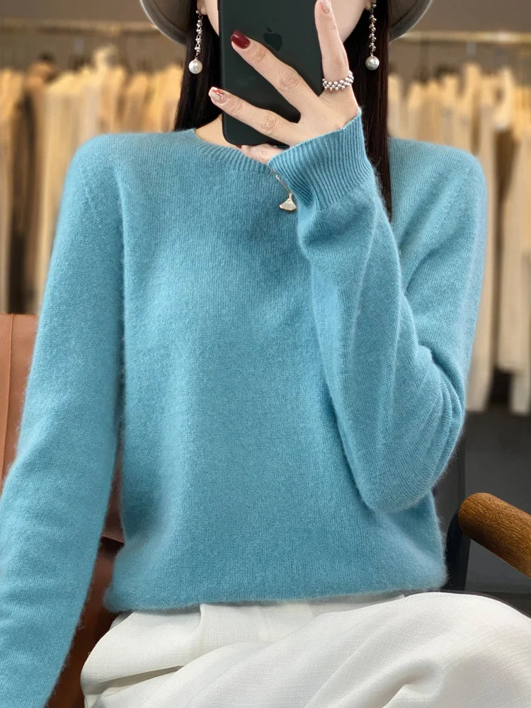100% Merino Wool Sweater Women O-neck Cashmere Knitwear Female Pullover Autumn Winter Casual Tops Solid Color Soft Clothing