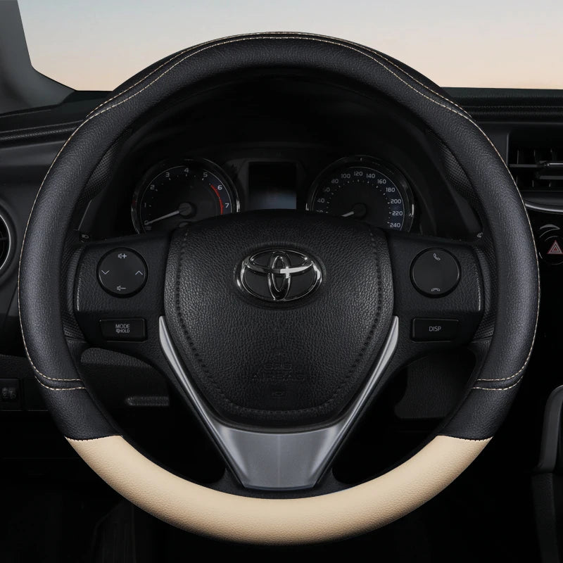 PU Leather Contrast Colour Car Steering Wheel Cover Sweat Absorbent, Wear Resistant and Non-slip, Universal in All Seasons