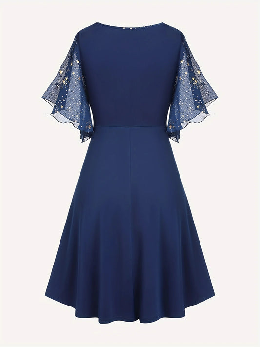 Vestido elegante de talla grande para mujer, con estampado de estrellas, botones, bolsillos, pliegues y mangas mariposa.