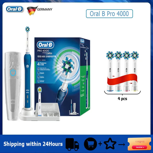 Oral B Electric Toothbrush Pro 4000 3D Action Daily Clean Teeth Visible Pressure Sensor 4 Modes Gum Care Waterproof Rechargeable