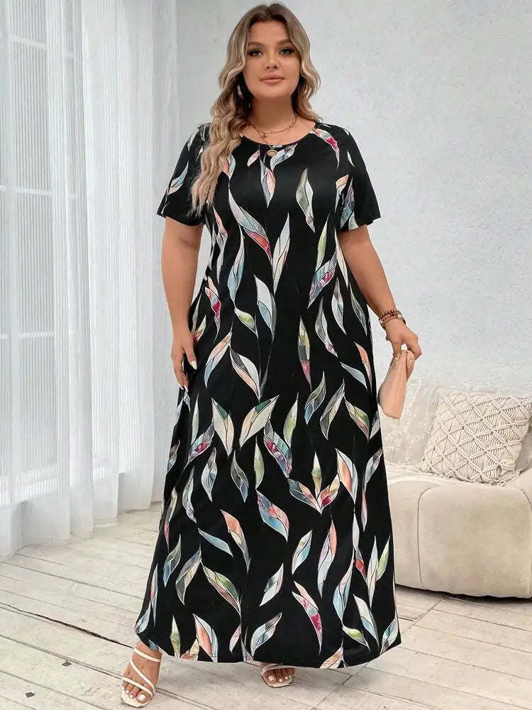 2024 primavera/verão nova moda feminina manga curta plus size impresso pena vestido tamanho grande
