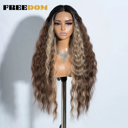 FREEDOM Synthetic Lace Front Wig Long Deep Wavy Ombre Blonde Ginger Lace Wigs For Black Women Heat Resistant Cosplay Wigs