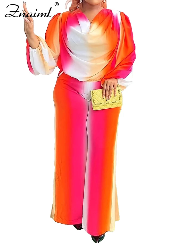 Znaiml Lantern Sleeve Top and Wide Leg Pants Two Piece Set Rainbow Gradient Print Women Outfits Elegant Office Birthday Party