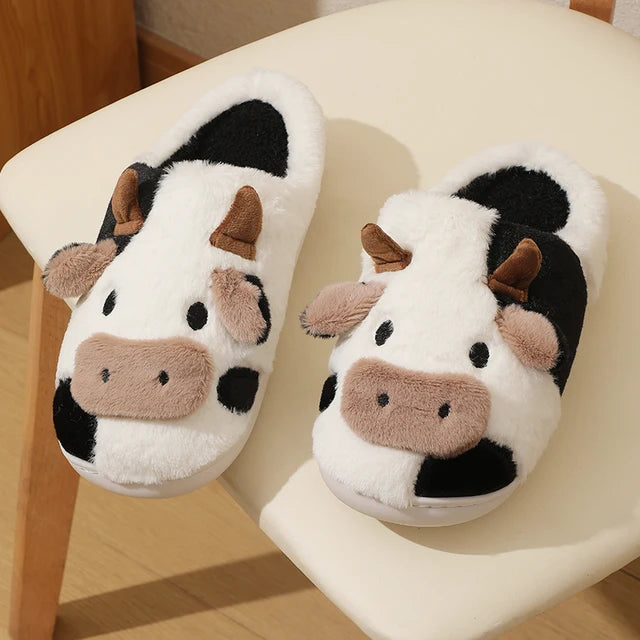 Pantuflas unisex de felpa cálidas con diseño de vaca de dibujos animados, antideslizantes, para interiores, de algodón, para el hogar, para envolver los dedos del pie, nuevas para invierno
