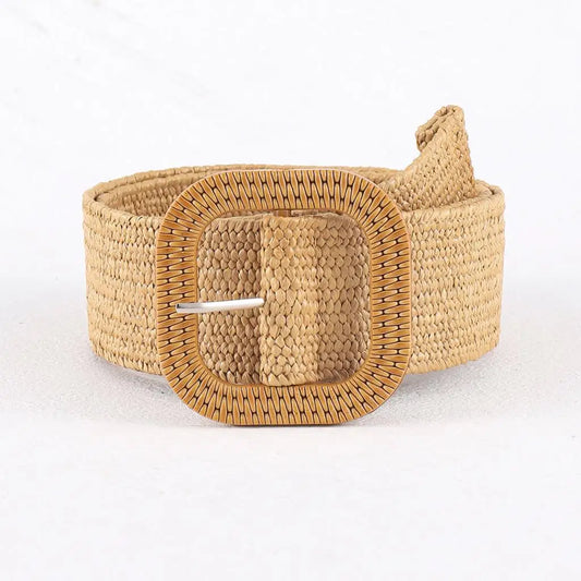 Vintage Big Buckle Elastic Braided Belt For Women Bohemian Straw Woven Belt Summer Beach Style Waistband Ladies Dress Decoration
