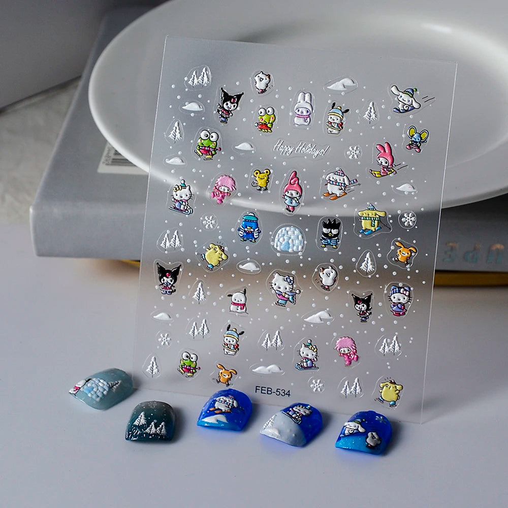 Sanrio Anime 5D Nail Stickers Hello Kitty Kurome Cartoon Stickers Nail Decoration Cute Melody Nail Art Decals Nail Art Supplies