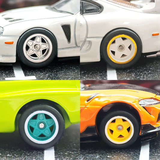 1/64 Wheels with Fixed Black Rubber Tires Pentagram Spokes for Model Cars Refiting Parts for Hotwheels (5 sets for 5 Cars)