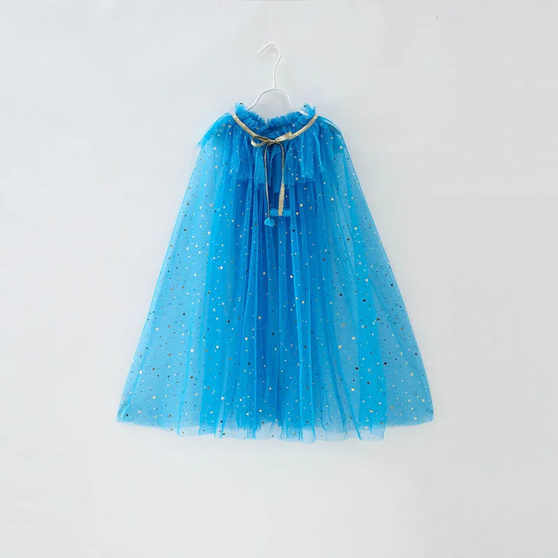 Summer Girl Princess Party Accessories Cloak Snow Queen Elsa Anna Costume Cape Rapunzel Aurora Sequins Tulle Halloween Mantle