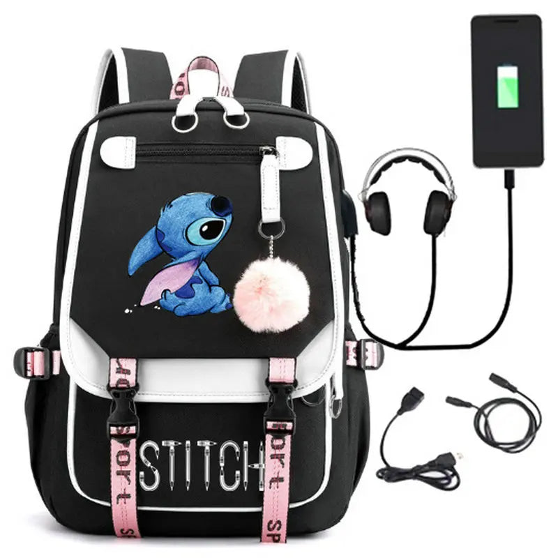 Mochila femenina Disney Stitch con carga USB, mochila escolar para adolescentes, niñas y niños, mochila para portátil, mochilas de viaje para mujeres