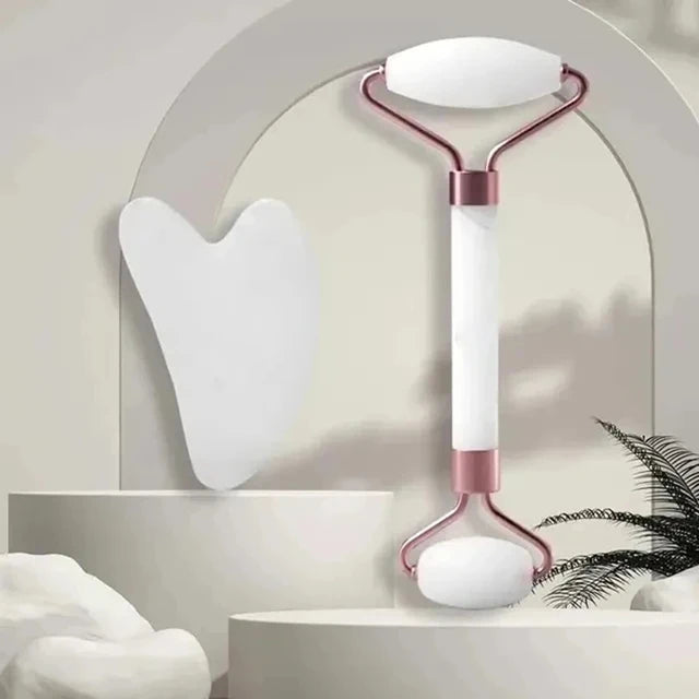 Masajeador de cara y cuello con rodillo de resina, doble masaje, desbloquea y relaja, cristal de jade no rosa, raspado de belleza.
