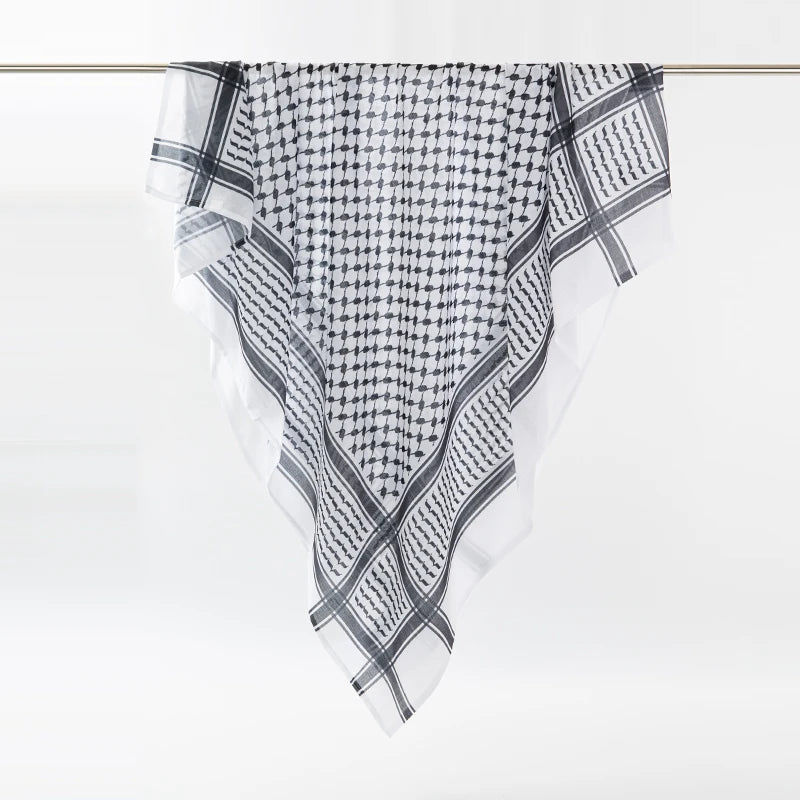 Bufanda clásica palestina con estampado cuadrado de keffiyeh en blanco y negro para hombre, pañuelo para la cabeza estilo shemagh, pañuelo islámico árabe para el cuello y la cabeza.