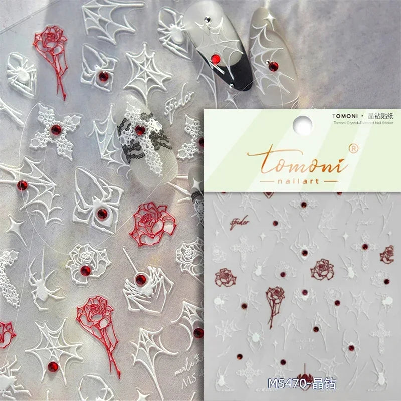 1 piece 5D Spider Web Nail Sticker Cross Silver White Black Glitter Transparent Rhinestone Rose Self-Adhesive Nail Art Sticker