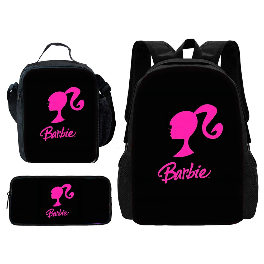 Cartoon Dolls 3 pcs set Child School Backpack with Lunch Bags Pencil Bags B-Barbies School Bags for Boys Girls Best Gift