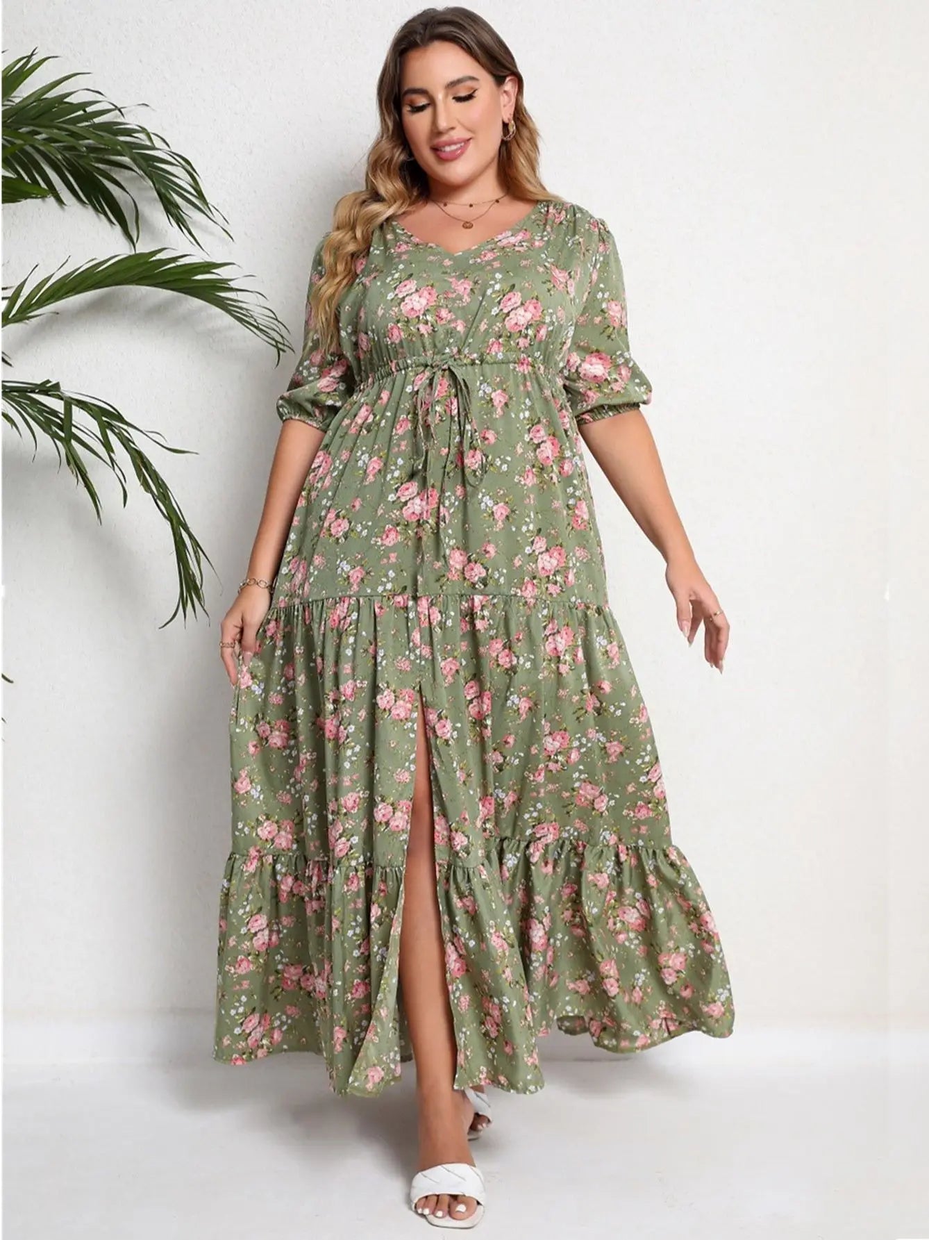Vestido longo estampado floral para mulheres, tamanho grande, meia manga, bainha dividida, maxi, pescoço em v