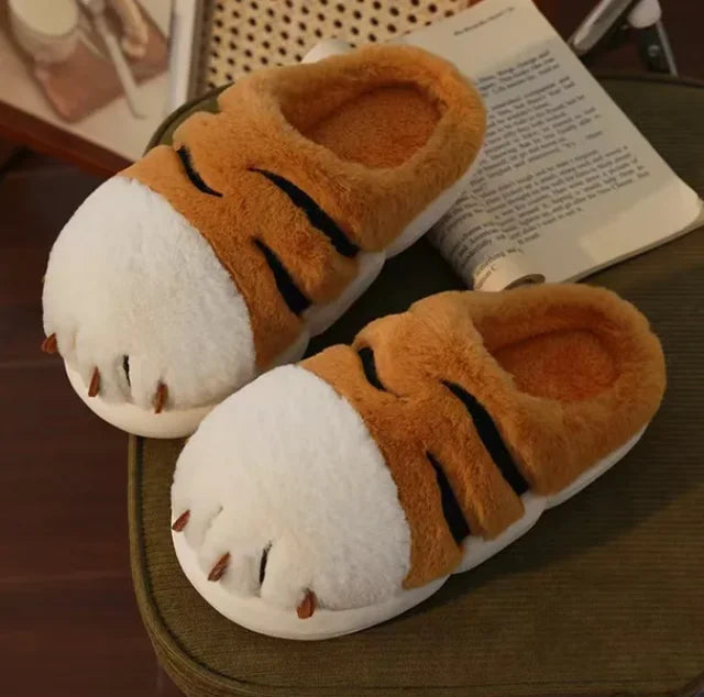 Pantuflas de felpa con forma de pata de tigre para mujer, suaves, planas, antideslizantes, con animales kawaii, cálidas y bonitas para invierno.