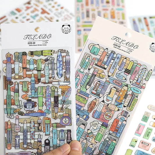 8pcs pencils erasers pens clips stationery themed stickers handbook DIY notebooks dairy pens students' back-to-school gifts