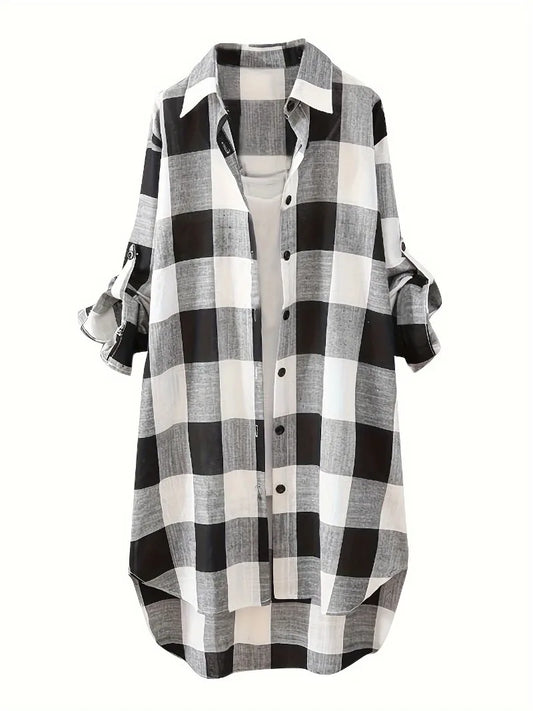 Blusa informal de talla grande 1XL-5XL para mujer, con estampado a cuadros, botones, manga larga, cuello solapa, camisa larga