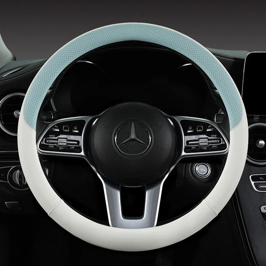 Perforated Nappa Leather Car Steering Wheel Cover Warm in Winter and Cool in Summer, Universal 15 Inch, Anti-Slip, Odorless