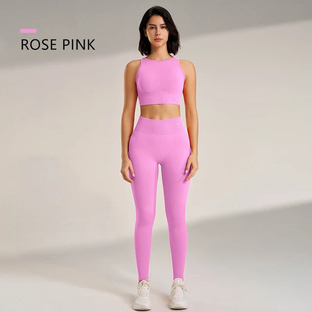 Conjunto de roupas de yoga feminino cintura alta leggings e topo duas peças sem costura roupas de exercício de fitness roupa interior de treino de fitness