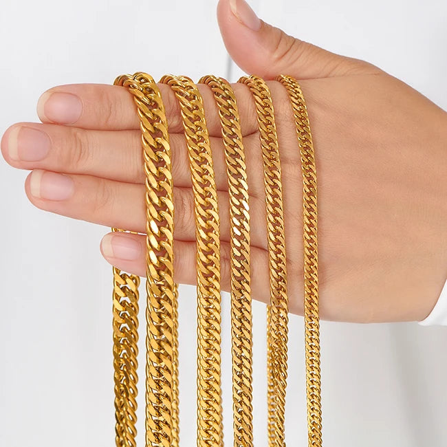Cadena de eslabones cubanos de acero inoxidable dorado de 4,8 mm, 5,8 mm, 6,6 mm, 7,5 mm y 9,2 mm, estilo clásico para hombre y niño, de 35 a 76 cm.