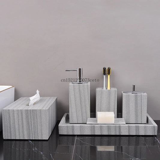 Accesorios de baño de mármol gris natural nórdico, dispensador de jabón, hisopo de algodón, caja de pañuelos, jabonera, bandeja, decoración de baño
