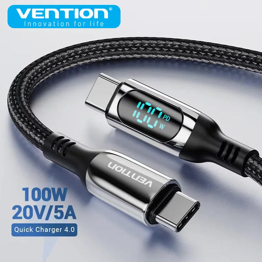 Vention 100W USB Type C Cable Fast Charging USB C Charger Cord For For iPhone 15 14 13 12 Huawei with Led Digital Display Cables