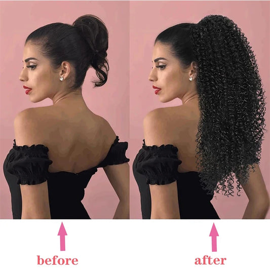 Extensão de rabo de cavalo com cordão sintético, encaracolado profundo, resistente ao calor, clipe instantâneo, afro, peças de cabelo encaracolado para mulheres