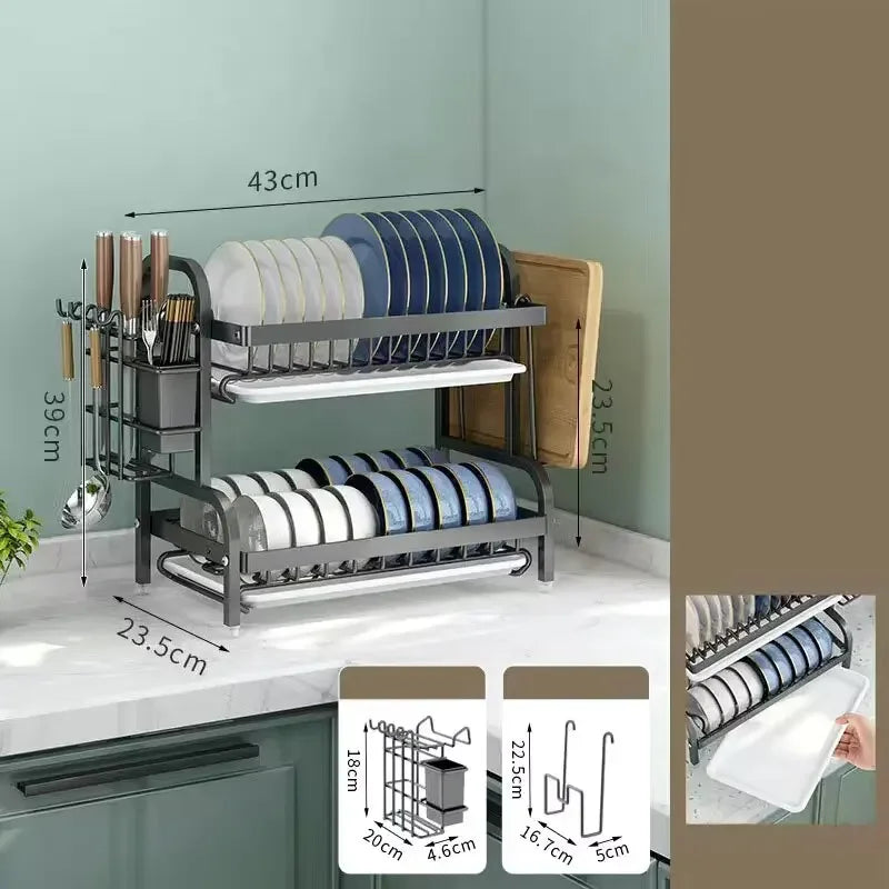 25NEW Dish Drying Rack 2-Tier Compact Kitchen Dish Rack Drainboard Set Large Rust-Proof Dish Drainer with Utensil Holder
