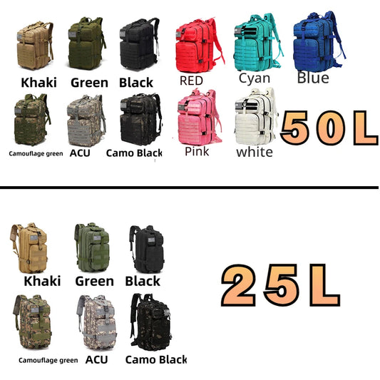 Mochila impermeable de nailon 25L/50L 1000D para senderismo, pesca y caza, mochilas para exteriores, deportes tácticos, acampada y senderismo