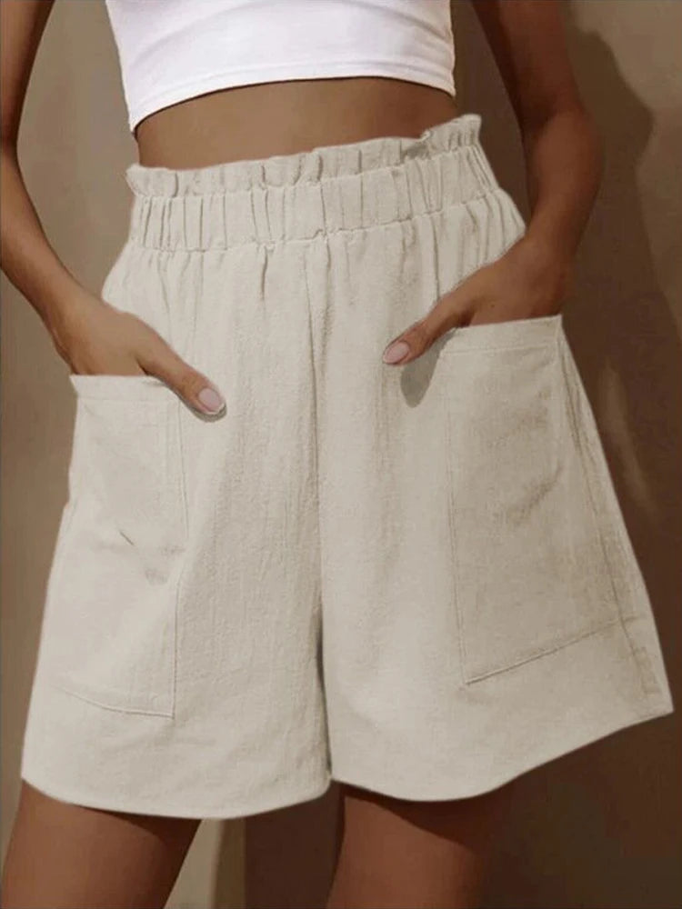 Verão novo solto tamanho grande shorts casuais feminino sólido cintura alta calças casuais dois bolsos calças de perna larga shorts femininos esporte