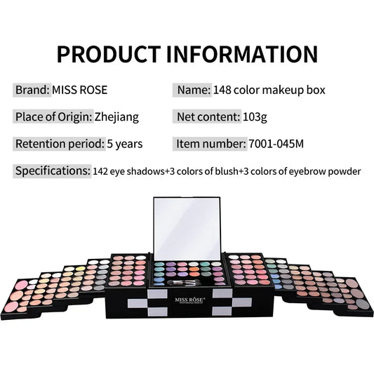 Miss Rose Makeup Case Set Kit-Ultimate Color Combination-Holiday Gift Set Cosmetic Eye Shadow Lip Gloss Blush Brow Combo Palette
