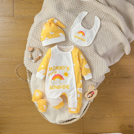 4Pcs Baby Girls Long Sleeve All Seasons Cartoon Deer Open Stitch Pastoral Jumpsuit+Bib+Gloves+Hat