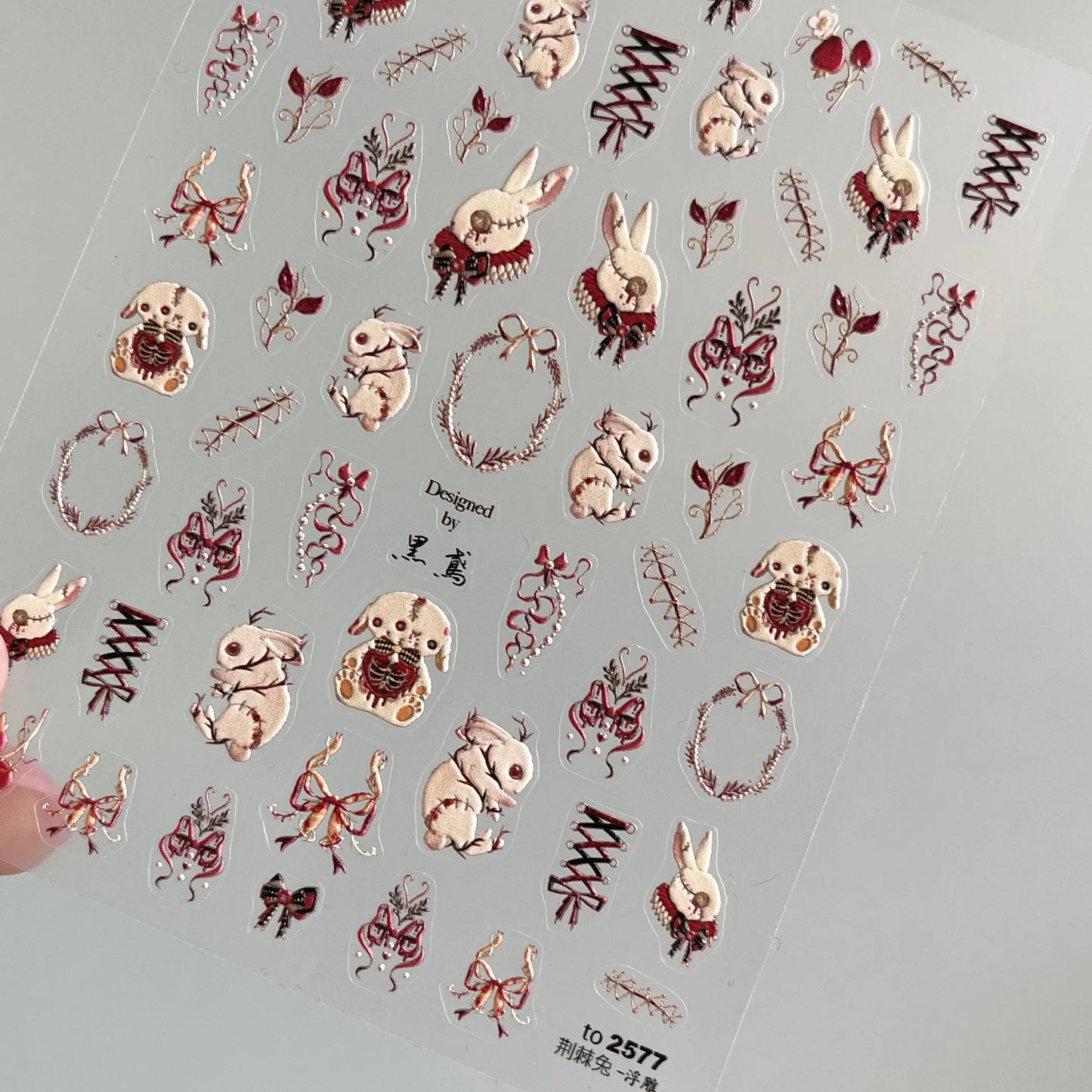 Thorns Rose Bloody Bunny 5D Embossed Reliefs Self Adhesive Nail Art Stickers Dark Style 3D Nail Decorations Decals Wholesale