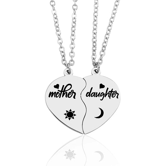 2pcs/set Mother Daughter Son Heart Puzzle Pendant Necklace Stainless Steel Sun Moon Necklaces for Mom Kids Gift