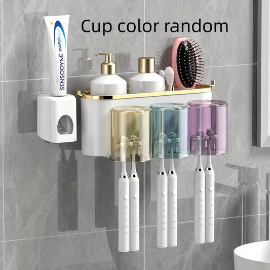 Toothbrush Holder with Squeezer, Punch-Free Bathroom Shelf, Mouthwash Cup, Toothbrush Holder