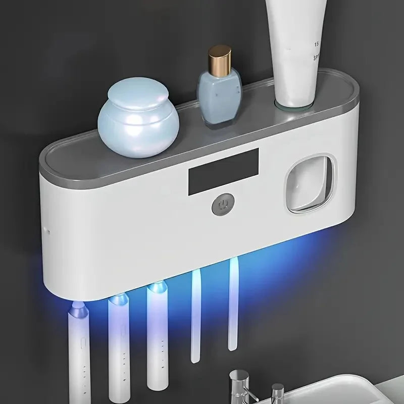 1 Intelligent Toothbrush Sterilizer, Wall Mounted Toothbrush Holder with Toothpaste Dispenser, Toothbrush Disinfection Device