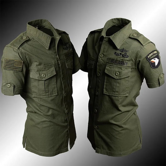 Short Sleeved Shirts Men Tactical T-shirt Spring Summer Workwear Cotton Vintage Shirt Army Embroidery Pocket Cargo Tees
