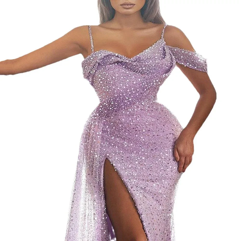 2024 nueva ropa transfronteriza para mujer vestido Amazon vestido largo sin mangas con abertura lateral lentejuelas Irregular noche sin mangas