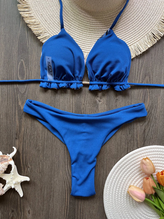 Bikini de corte alto con cuello halter y estampado de hojas para mujer, traje de baño femenino, conjunto de bikini de dos piezas, traje de baño para nadar