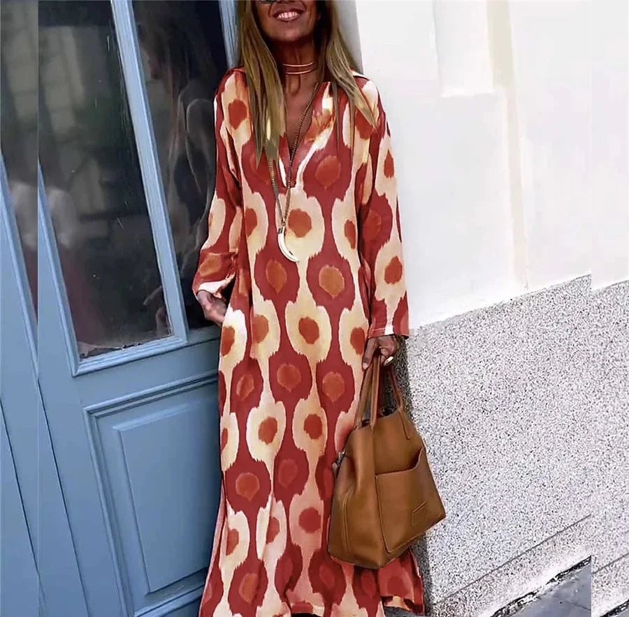 Plus Size 2023 Nova Estação Independente Moda Impressão Exclusiva Vestido Longo com Decote em V Transfronteiriça Europeu Americano Outono Wi...