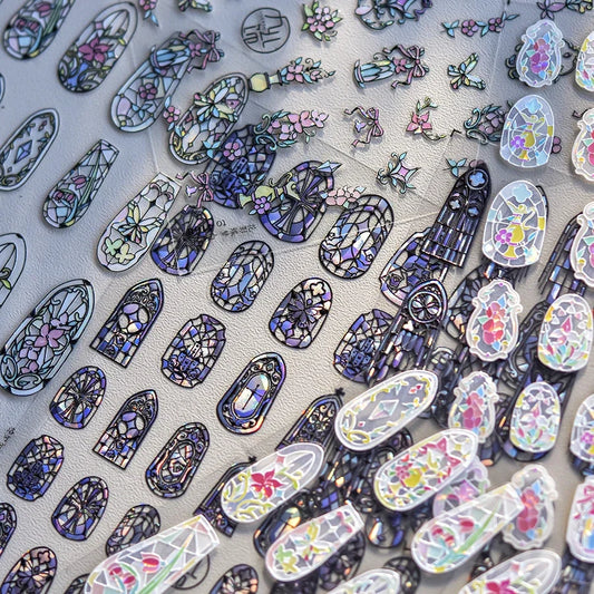 Flash Dreamy Chinese Flower Window Butterfly Glazed Rococo Geometric Frame Stamp Embossed Relief Nail Art Sticker Manicure Decal