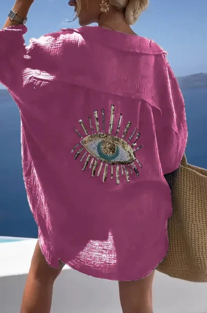 Evil Eye Camisa Casual Moda Feminina Estilo Praia Botão Solto Protetor Solar Camisa de Linho de Algodão Vestido Verão Casual Mulheres Top