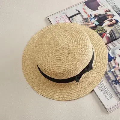 COKPanama Simple Summer Beach Sun Protection Bowknot French-style Small Hat Women's Casual Flat-Brimmed Straw Hat with Bow,Women