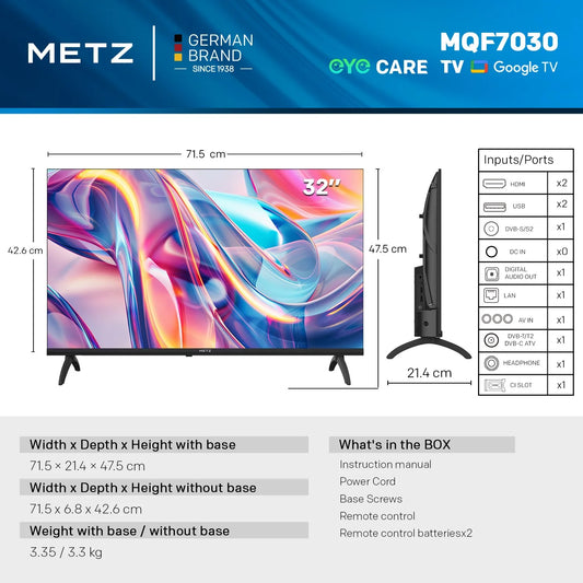 Metz QLED TV 32 "40" Inch Smart LED Television Google Tele HDR 10 Dolby Audio Bluetooth 5.1 EyeCare Tuner 2025 32MQF7030Z