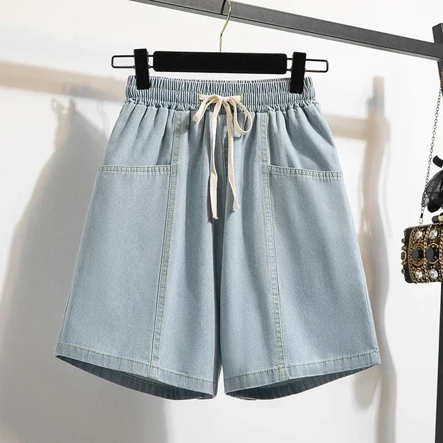 Noções básicas vintage casual chique cintura elástica rendas soltas perna larga denim calças curtas streetwear high street roupas tamanhos grandes