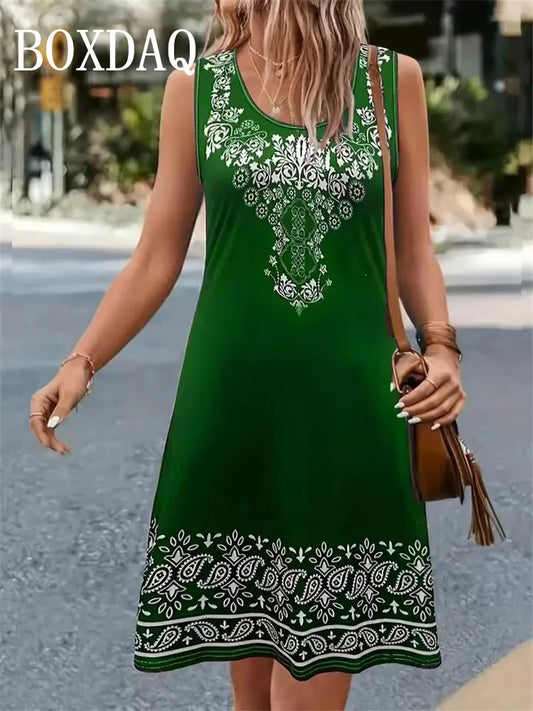 Ethnic Style Pattern Women's Dress For Summer 2025 Plus Size Sleeveless Loose Sundress Casual Vintage Vest 3D Print Mini Dresses