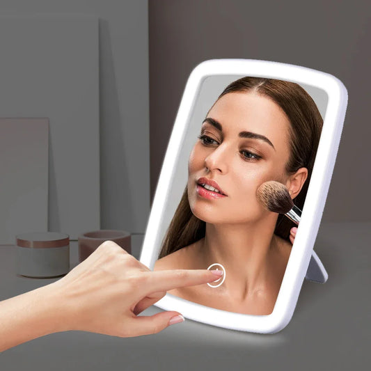 Espejo de maquillaje LED con soporte de escritorio, plegable, compacto, cuadrado, para viajes, cosmético, portátil, iluminado, con pantalla táctil, para mesa.
