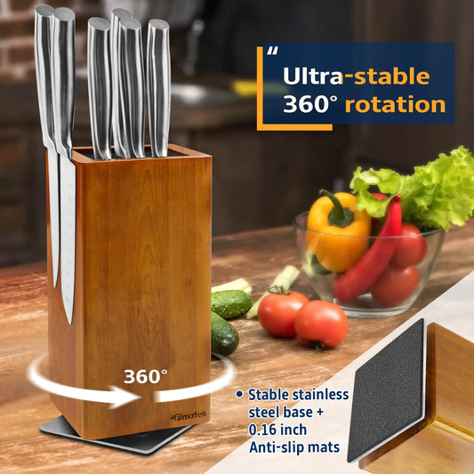 Soporte magnético giratorio de madera para cuchillos, bloque de cuchillos giratorio de 360° para almacenamiento de cuchillos de cocina con almohadilla antideslizante, tabla de madera para cuchillos.