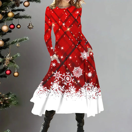 Plus Size Woman Printed Long Sleeve Christmas Dress Fashionable Women Party Dress Xmas Plus Size Women Clothing